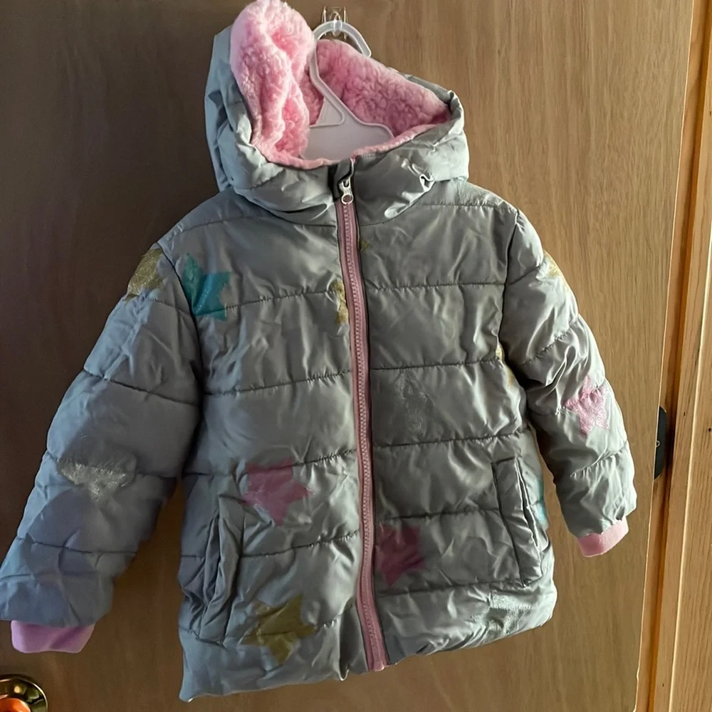 Swiss tech size 2T gray with stars and pink fleece lining jacket